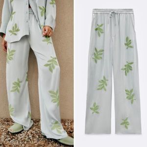 NEW ZARA Blogger Favorite Beaded Leaf Embroidery Trouser Pants Sky Blue Size L